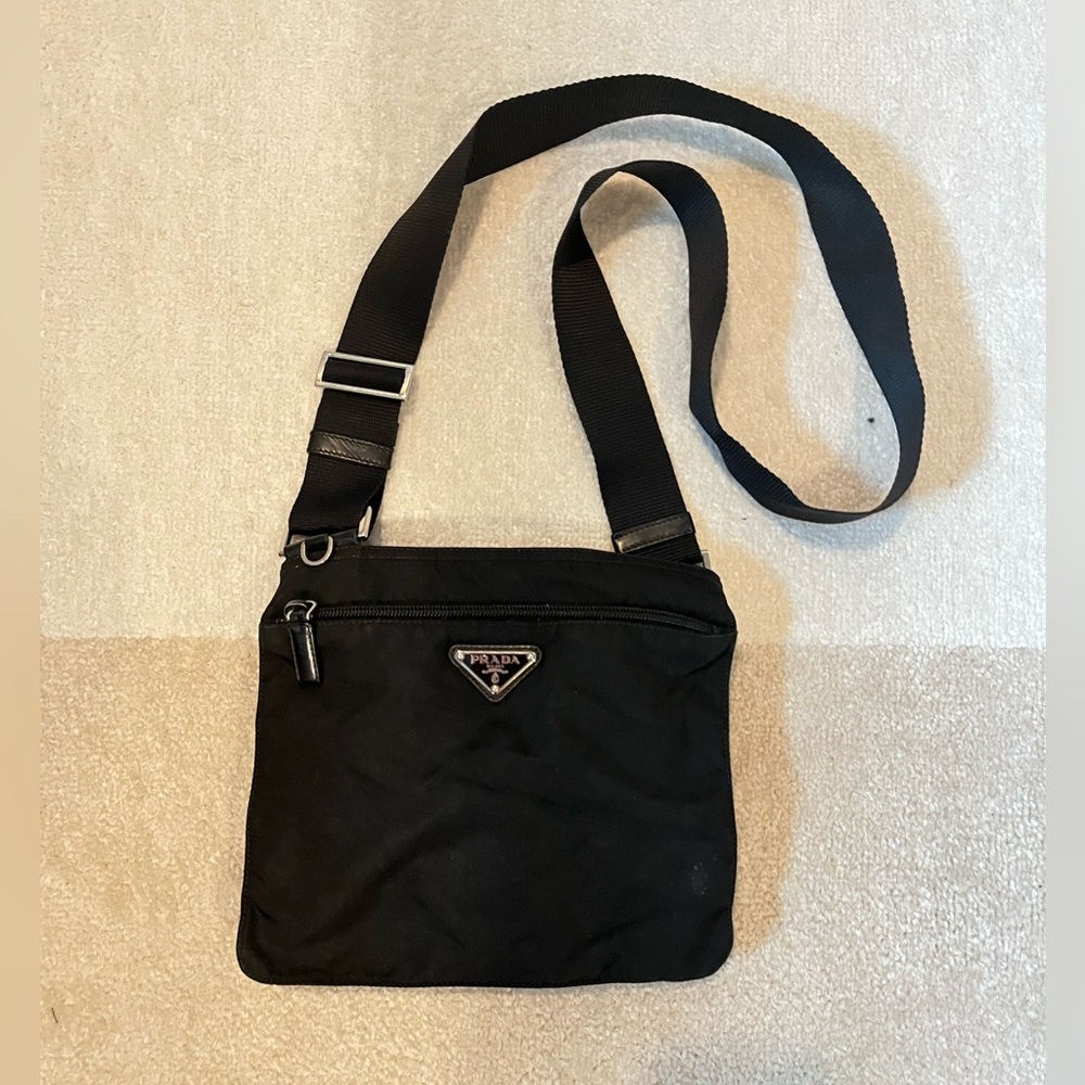 Prada Tessuto Nylon Shoulder crossbody Bag in Black purse silver hardware long